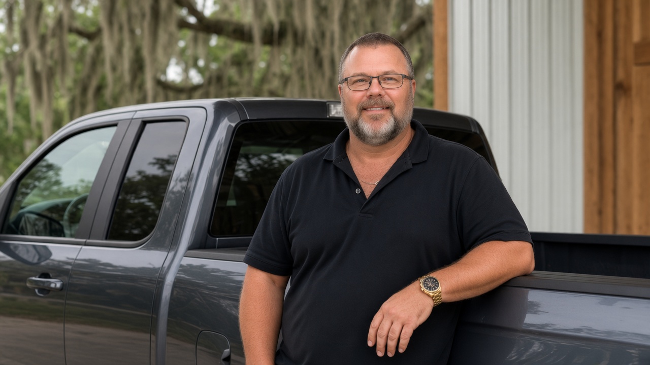 Jamie Murrow of Jamie Murrow Electric beside his truck in East Palatka